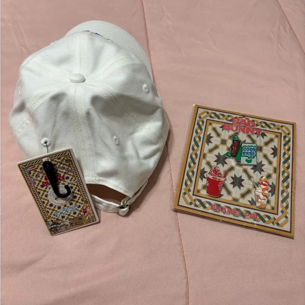 DTMF White Cap with Bad Bunny Enamel Pin Set